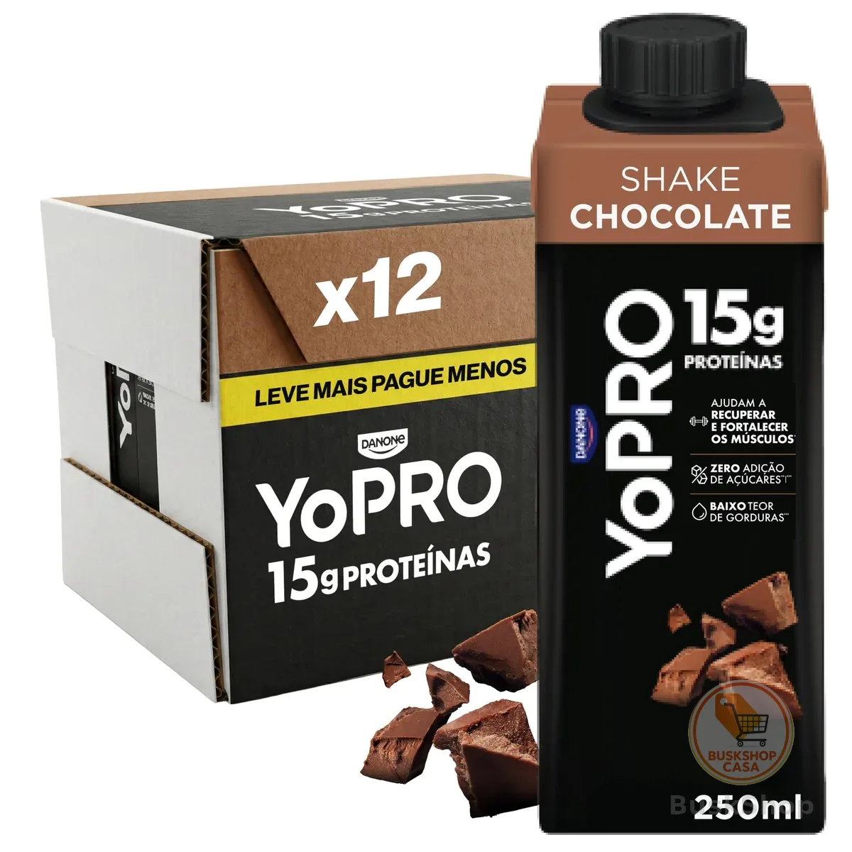 YoPRO Bebida Láctea UHT Chocolate Líquida Caixinha 250ml - 15g de Proteínas - Sem Lactose - Pack com 12 Unidades