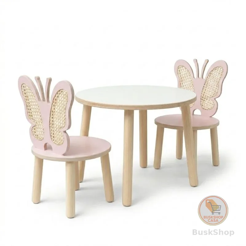 Kit Mesa Infantil com 2 Cadeiras Borboleta em Palha Indiana | Mesinha Montessori em MDF