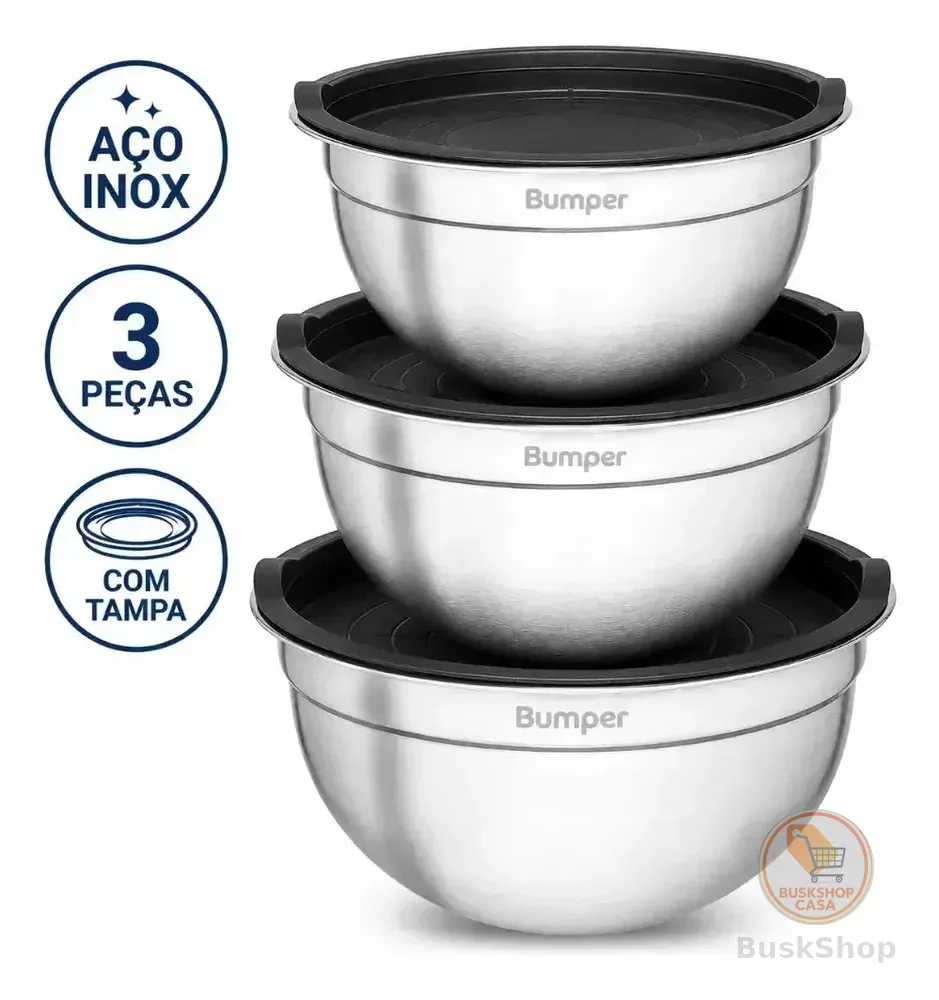 Conjunto Tigela Inox Com Tampa Saladeira Cumbuca Prata
