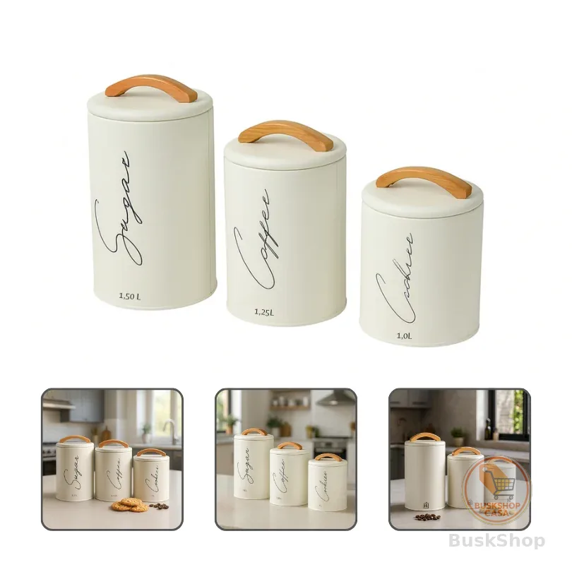Kit 3 Potes Herméticos Mantimentos Lata Com Tampa E Alça Em Bambu Açúcar Café E Cookies