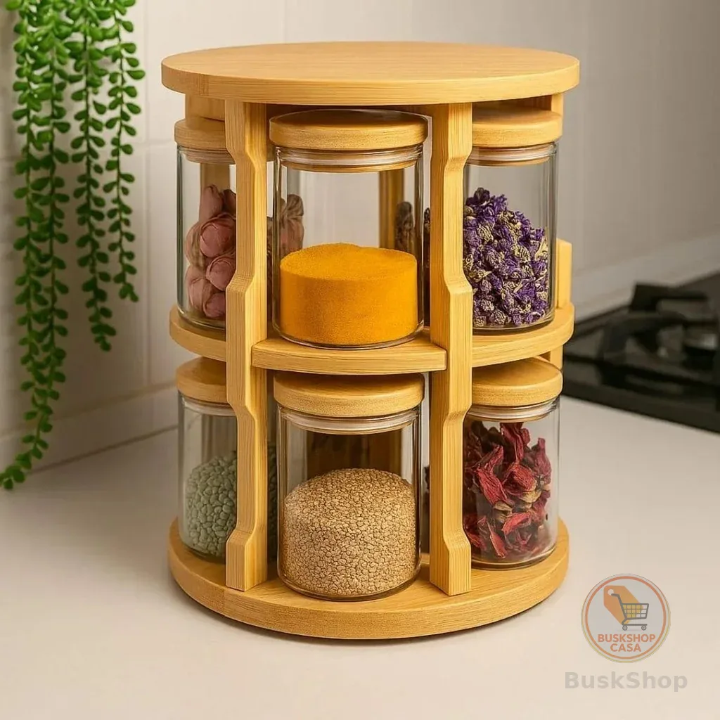 Porta Temperos Condimento Giratório 10 Potes Vidro Tampa Bambu Hermético 250ML Suporte Organizador