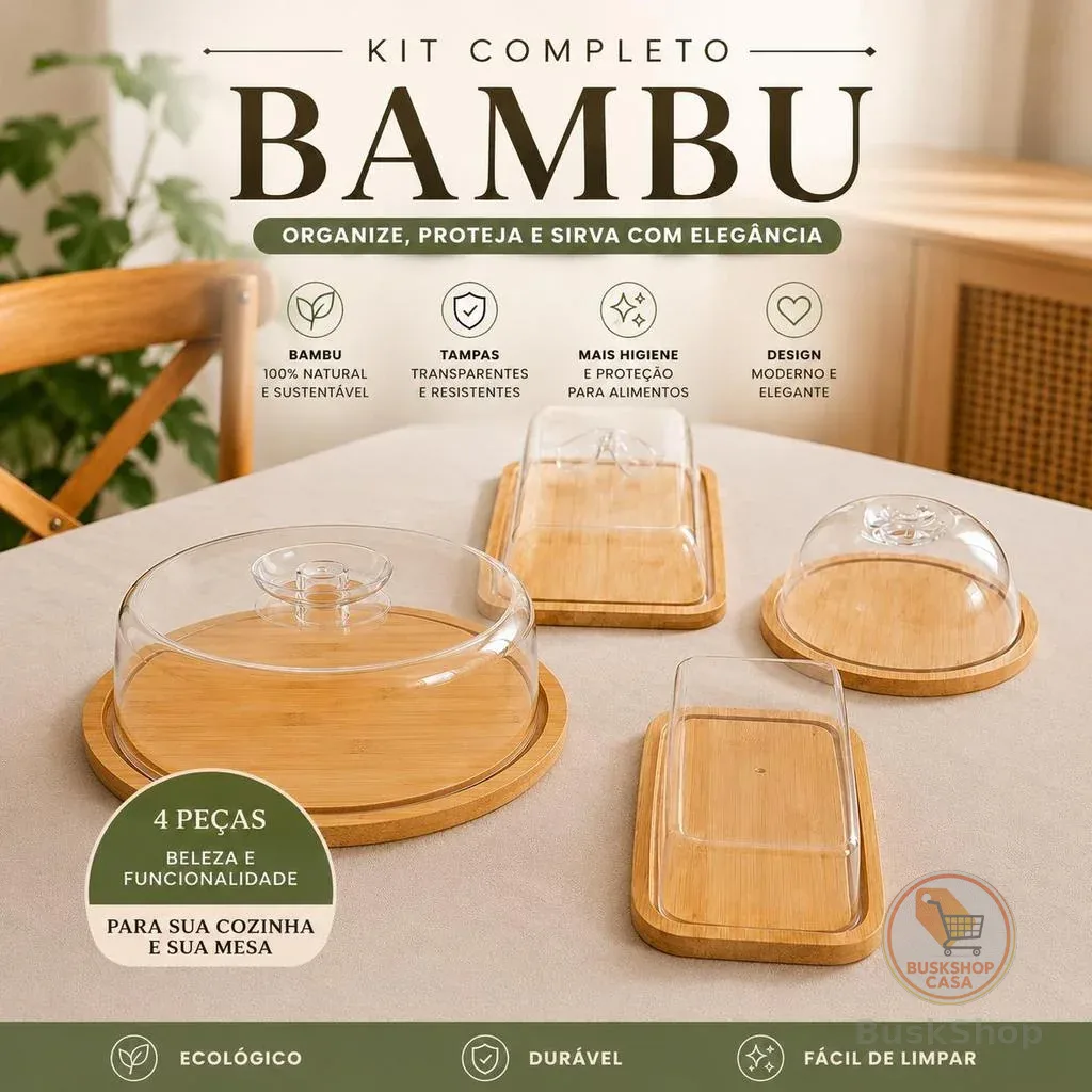 KIT Café da manha de bambu, 4 itens Boleira, Queijeira, Manteigueira e Porta frios ideal para mesa posta.