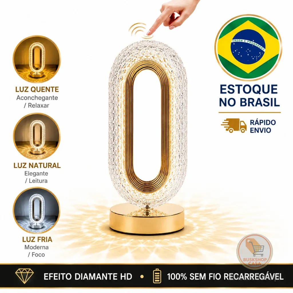 Abajur De Mesa Cristal LED Luminaria Cabeceira Touch Sem Fio Recarregavel USB 3 Tons Luz
