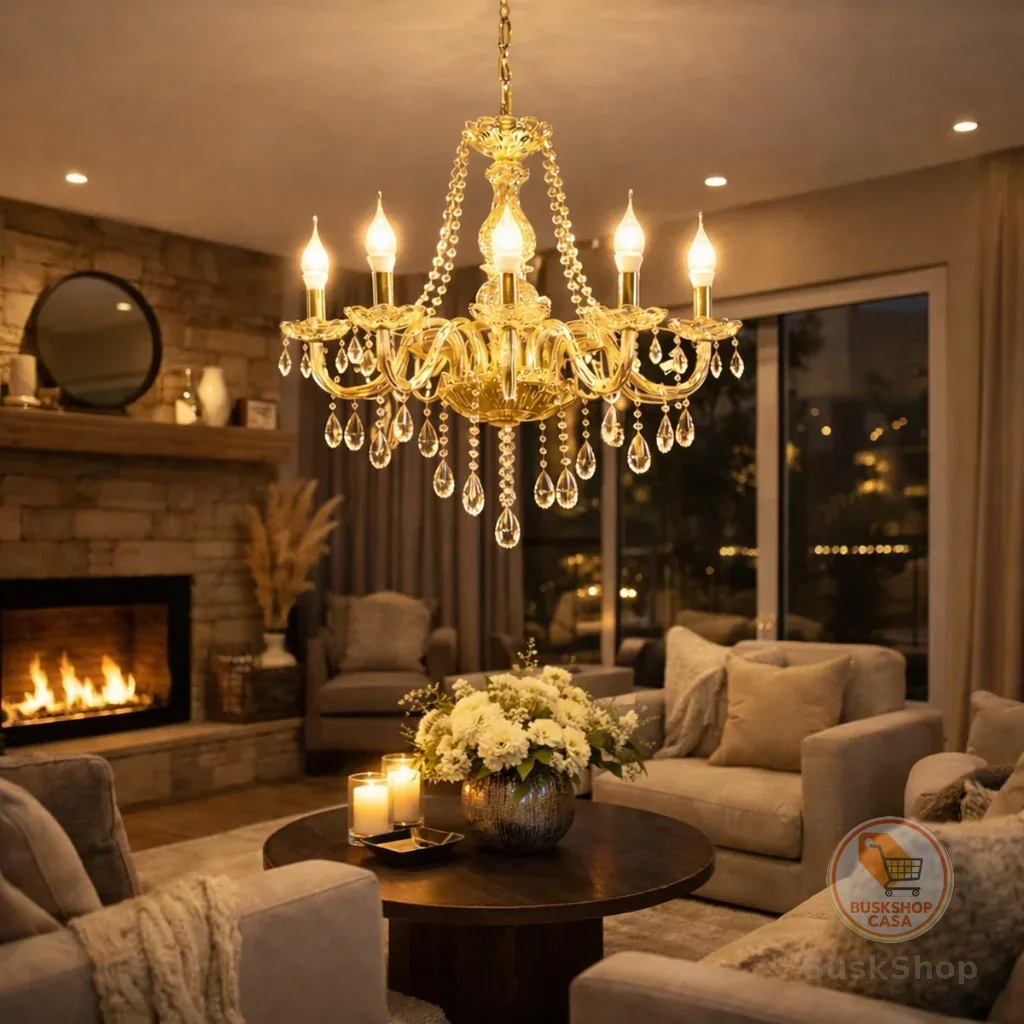 Lustre De Cristal Luminária Luxuoso Ambar Com 06 Braços