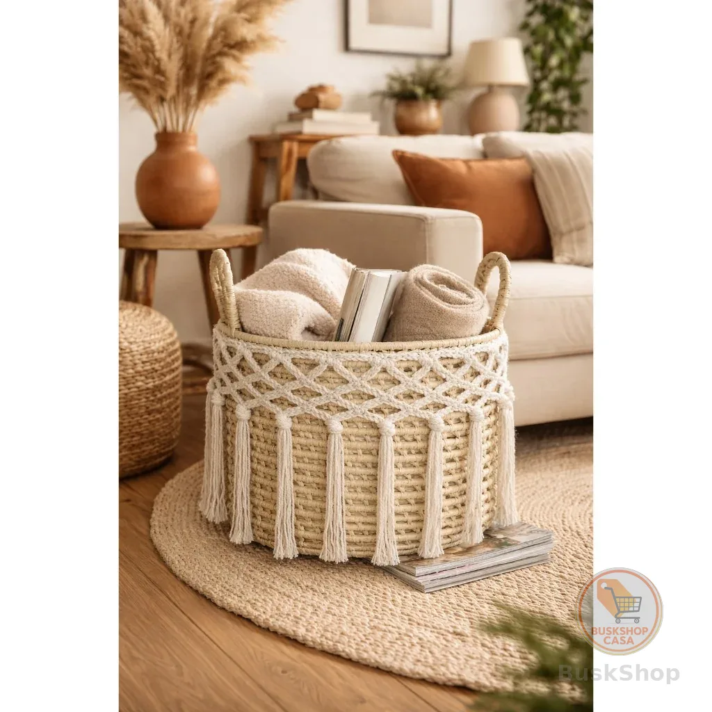Cesto Organizador em Palha Natural |Canastrinha com macramê 25cm x 25 cm