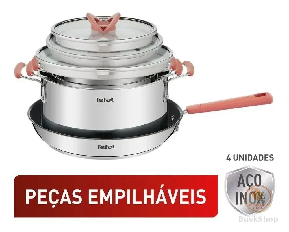 Jogo De Panelas 4 Peças Tefal Opti'space Inox Fundo Triplo
