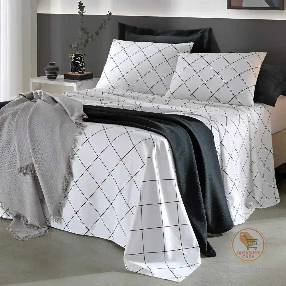 Jogo De Cama Casal Lençol Com Elástico 100% Algodão Percal 130 Fios 4 Peças 138x188x35cm - Dohler