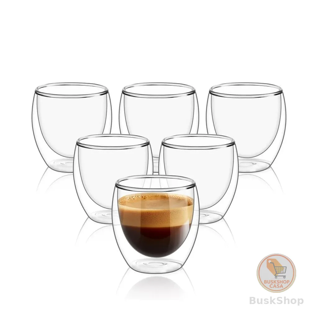 Conjunto com 6 Xícaras de 80ml Vidro para Café de Parede Dupla, Feito de Vidro Borossilicato - Kit de Xícaras para Chá, Café e Bebidas Quentes