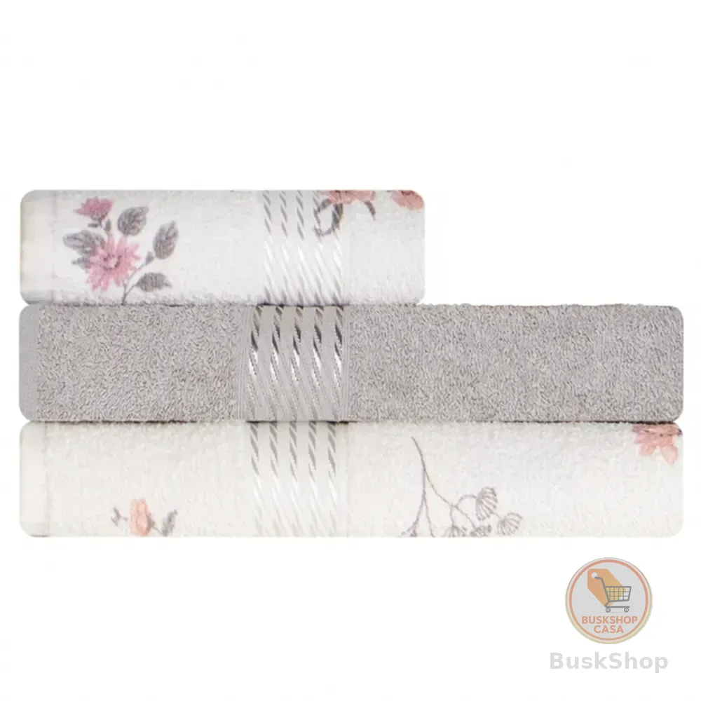Kit Toalha Banho e Rosto 3 Peças 100% Algodão Branco Florido Rosa