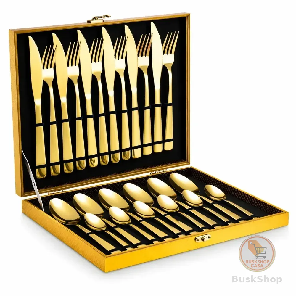 Eps-158 Kit Faqueiro Dourado Luxo Jogo Talheres Inox 24pçs + Maleta Sem Estampa