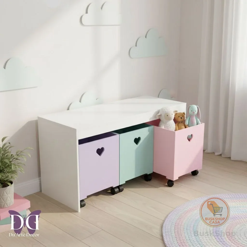 Organizador de Brinquedos Bancada Infantil 3 Gavetas Com Rodinhas em MDF