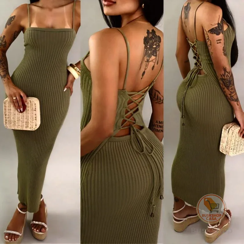 Vestido Midi Trançado nas Costas Tricot Modal Canelado tricô Premium Tendência Verão Festa Praia