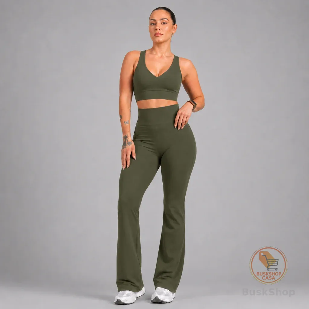 Conjunto Feminino Fitness Calça Flare Bailarina + Top Decote V  Zero Transparência Ideal Dia a Dia