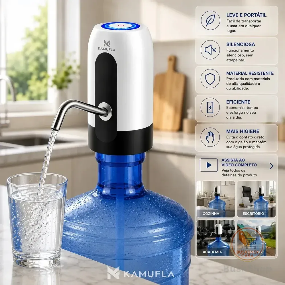 Bomba de Água Elétrica Kamufla Portátil para Galão de 20 L Inox Com Led