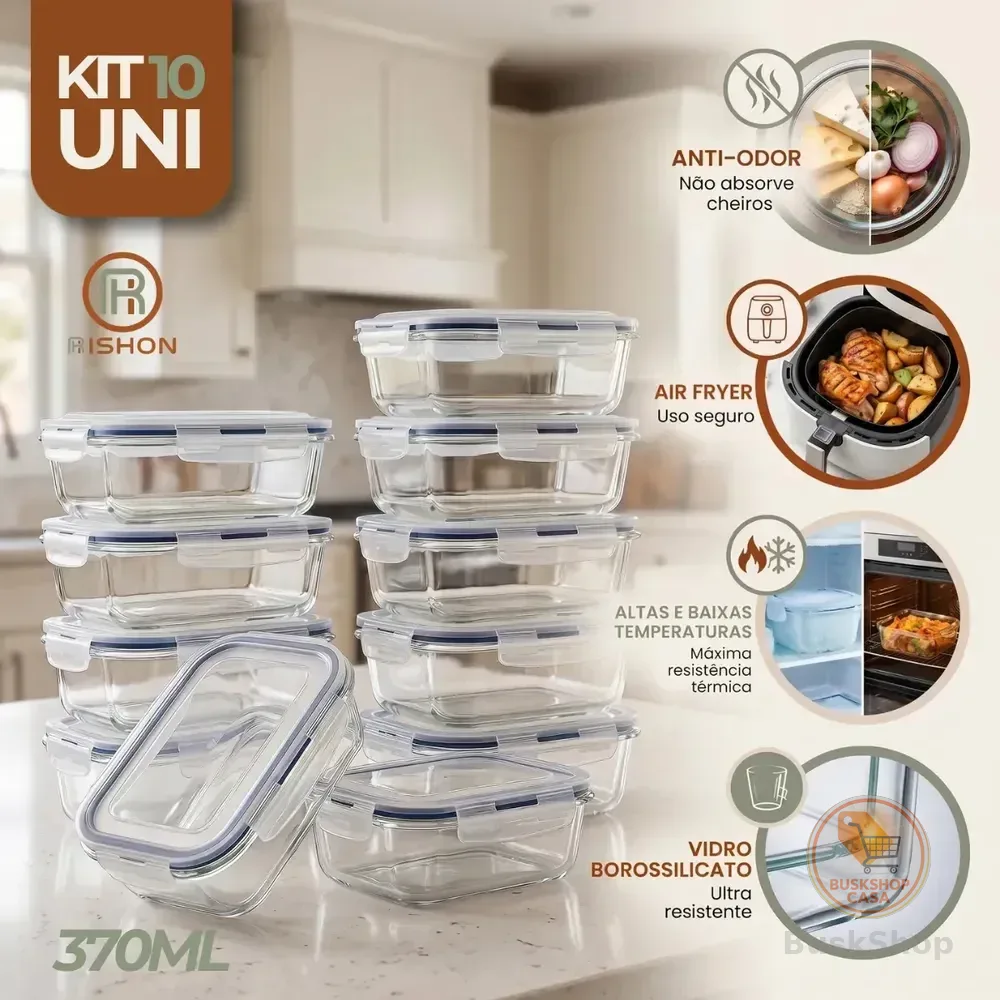 Kit 10 Pote De Vidro Marmita Hermético 370ml Freezer Fitness Rishon