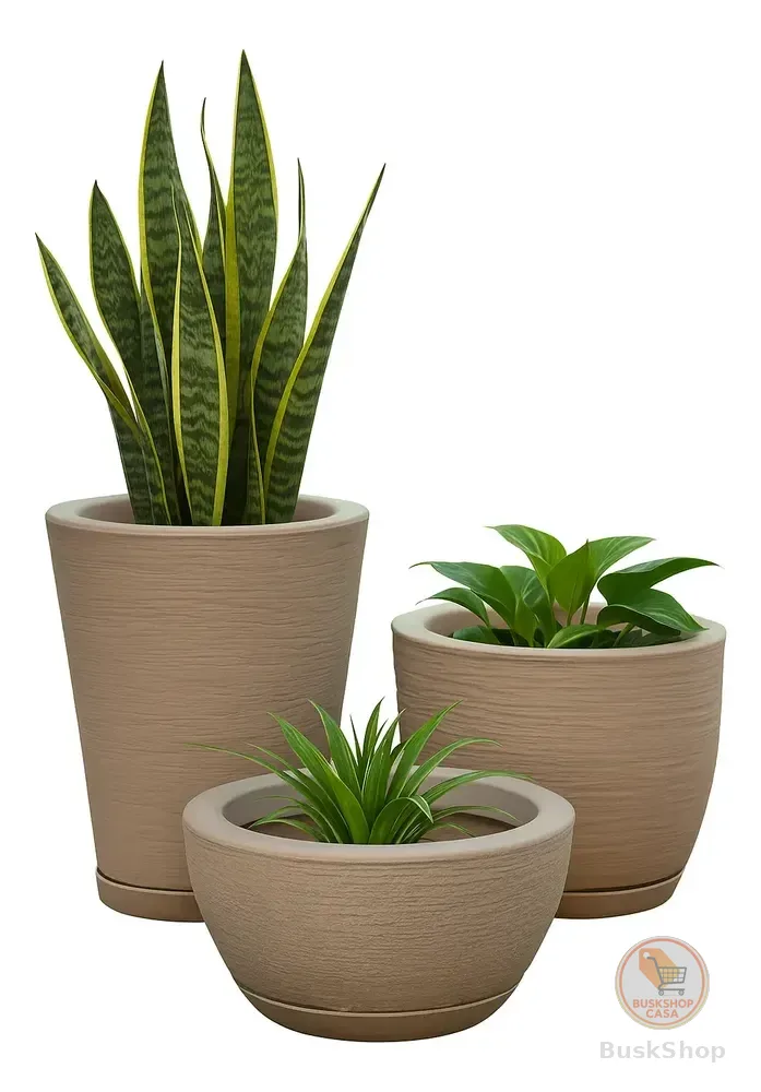 Kit 3 Vasos Polietileno Para Plantas Decorativo Cone Bacia Bege Escovado