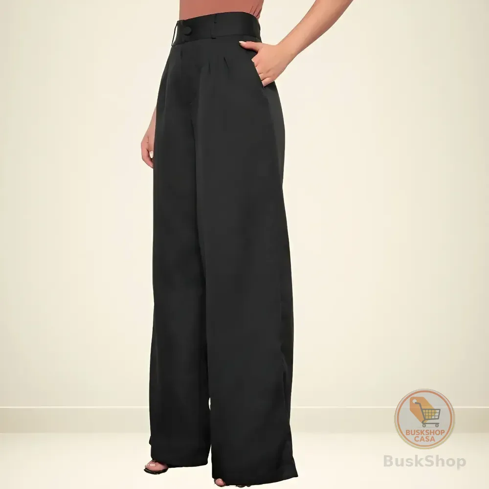 Calça Pantalona Cintura Alta Alfaiataria Wide Leg Social Preto M 40-42