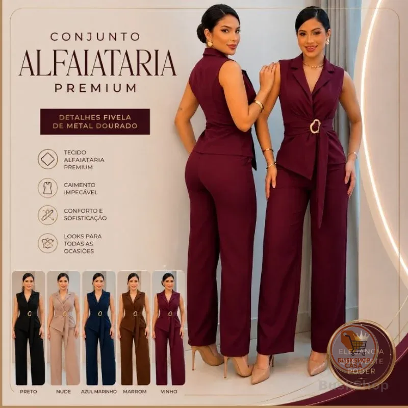 CONJUNTO FEMININO COLETE E CALÇA PANTALONA ELEGANTE DETALHE FIVELA DE METAL