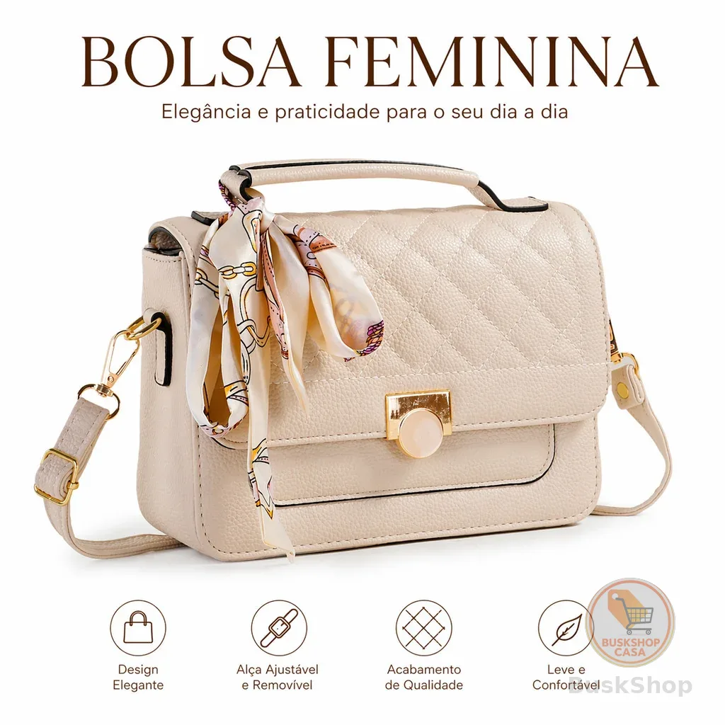 Bolsa Feminina Baú Transversal Média com Lenço Alça Tiracolo Estruturada e Espaçosa