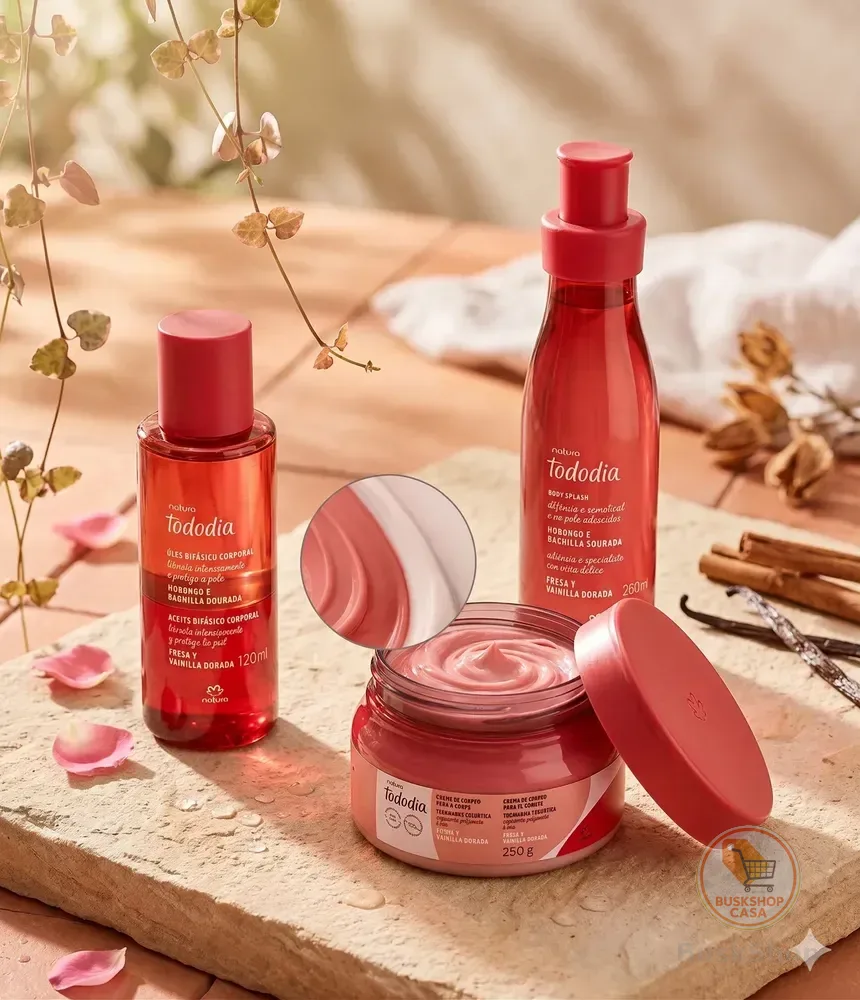 Kit Presente Tododia Morango E Baunilha Dourada: Merengue Para Corpo + Óleo Bifásico + Body Splash