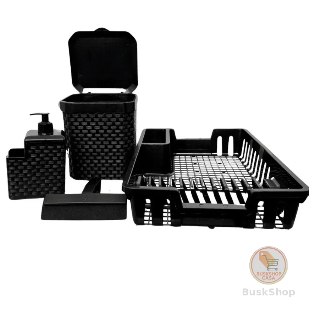 Kit Cozinha Completa: Escorredor de Louça + Lixeira 5L + Porta Detergente + Rodinho de Pia