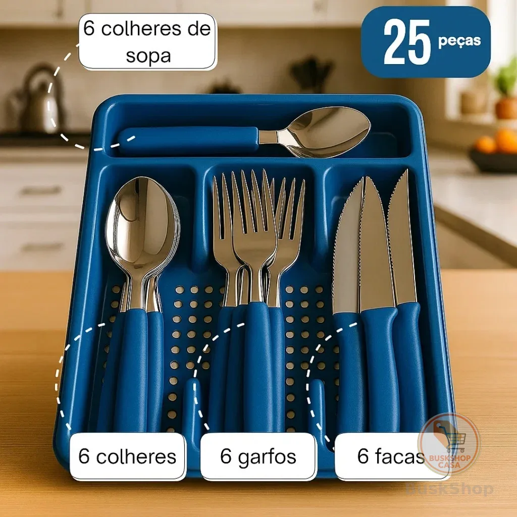 Jogo de 24 Talheres Com Brinde Suporte Gaveteiro ou Pote Premium Garfo Colher Sortido