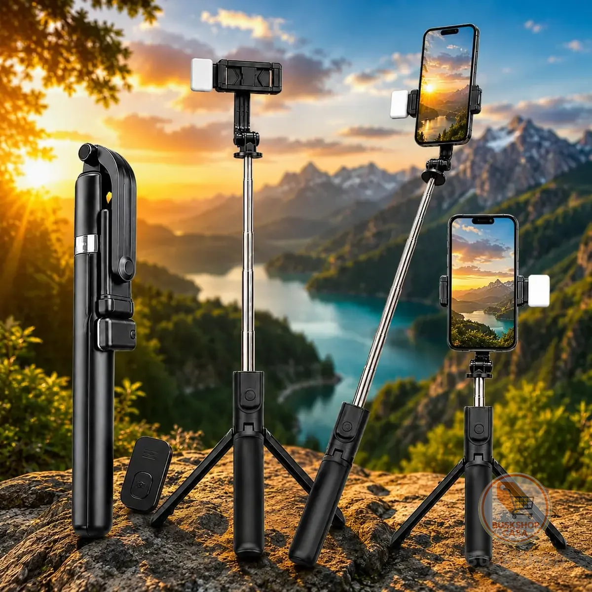 Tripé para Celular 1,70m 3 em 1 com Controle Remoto, Altura Ajustável, Iluminação e Rotação 360º - Tripé, Bastão de Selfie e Suporte para Celular - Compatível com Iphone e Android