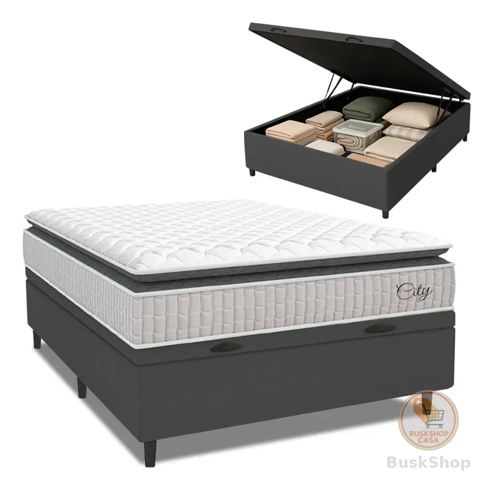 Cama Box Baú Colchão Casal Molas Ensacadas City Pillow Top 138x188x64cm Branco e Cinza Hellen Suporta até 110kg por Pessoa