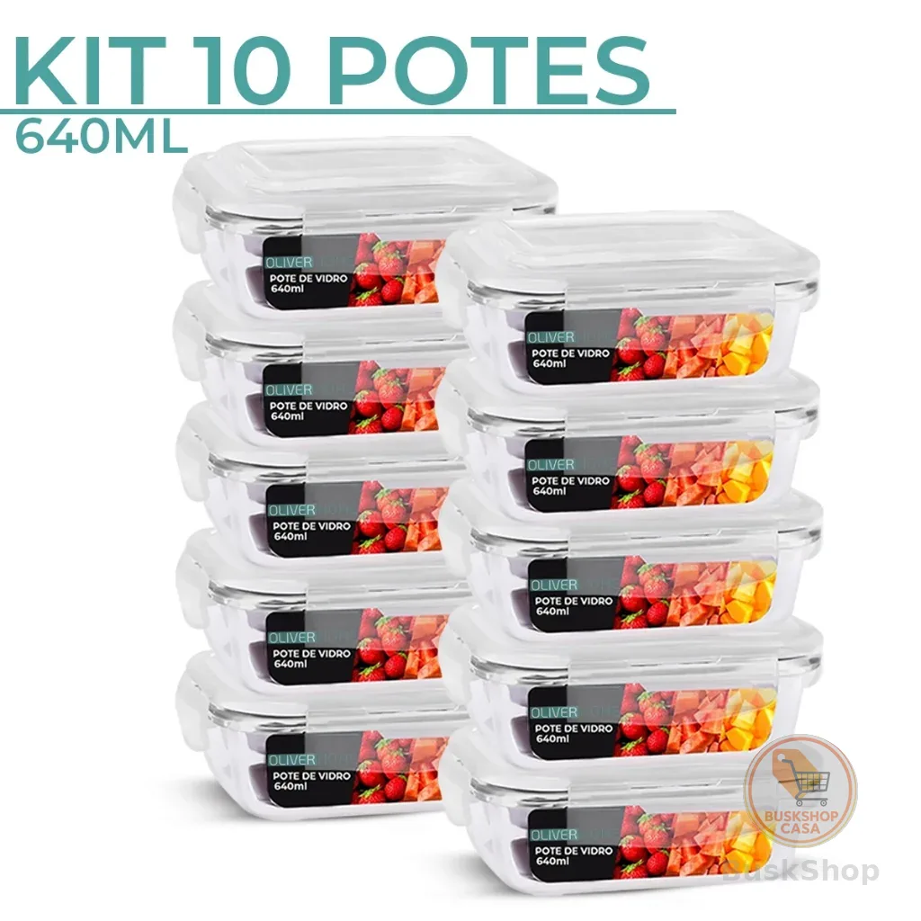 Kit 5/ kit 10 Potes de Vidro 640ml Hermético Marmita Fit com Tampa 4 Travas Oliver Home