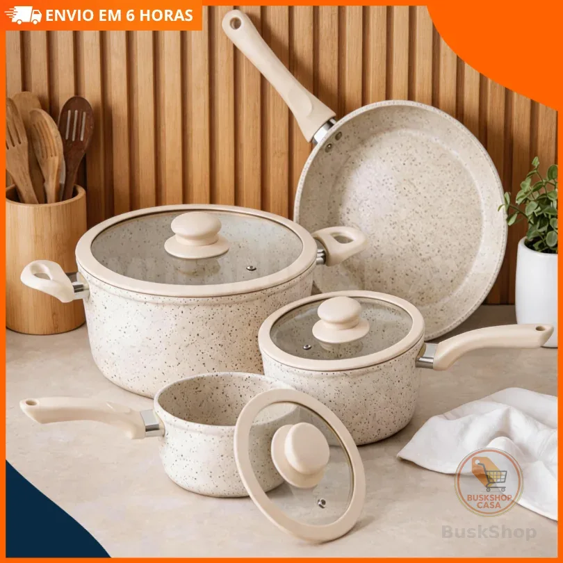 Conjunto Panelas Cerâmica Antiaderente 4 Peças Cabos Toque Amadeirado  Gás Cozinha Completa Saudável Prática Luxo