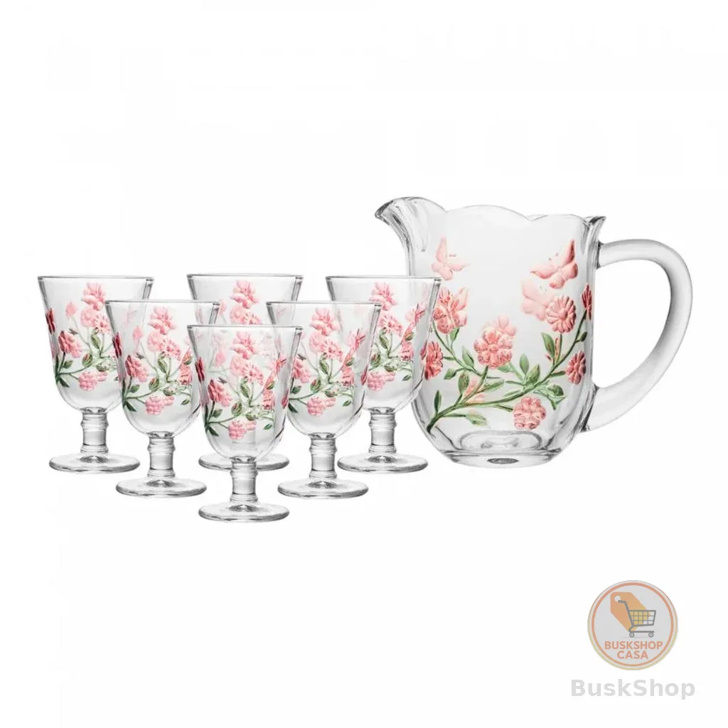 Jogo Jarra 1,3L + 6 Taças 240ml Lys Hand Painting Lyor Cristal Elegante Sofisticado Mesa Posta