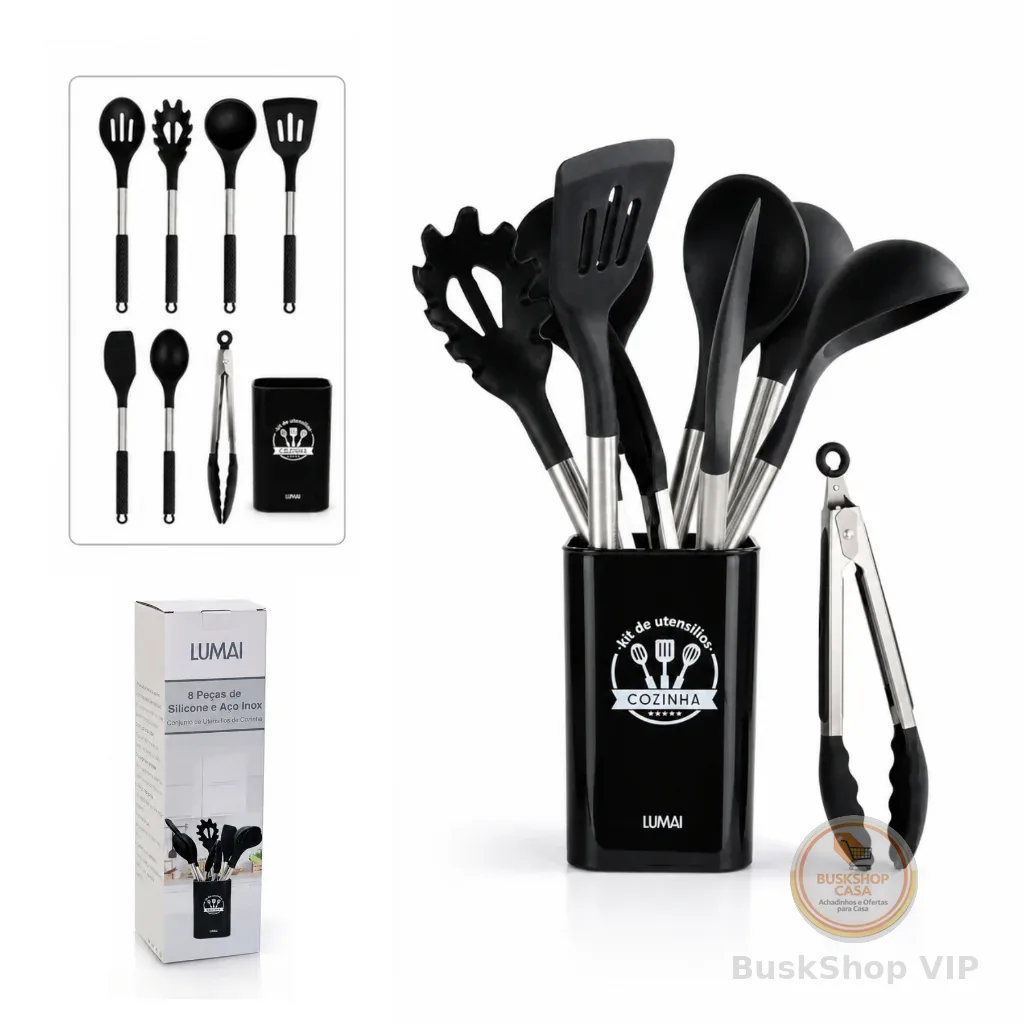 Kit 8 Utensílios de Cozinha de Silicone Preto e Aço Inox Grande com Balde - Original LUMAI
