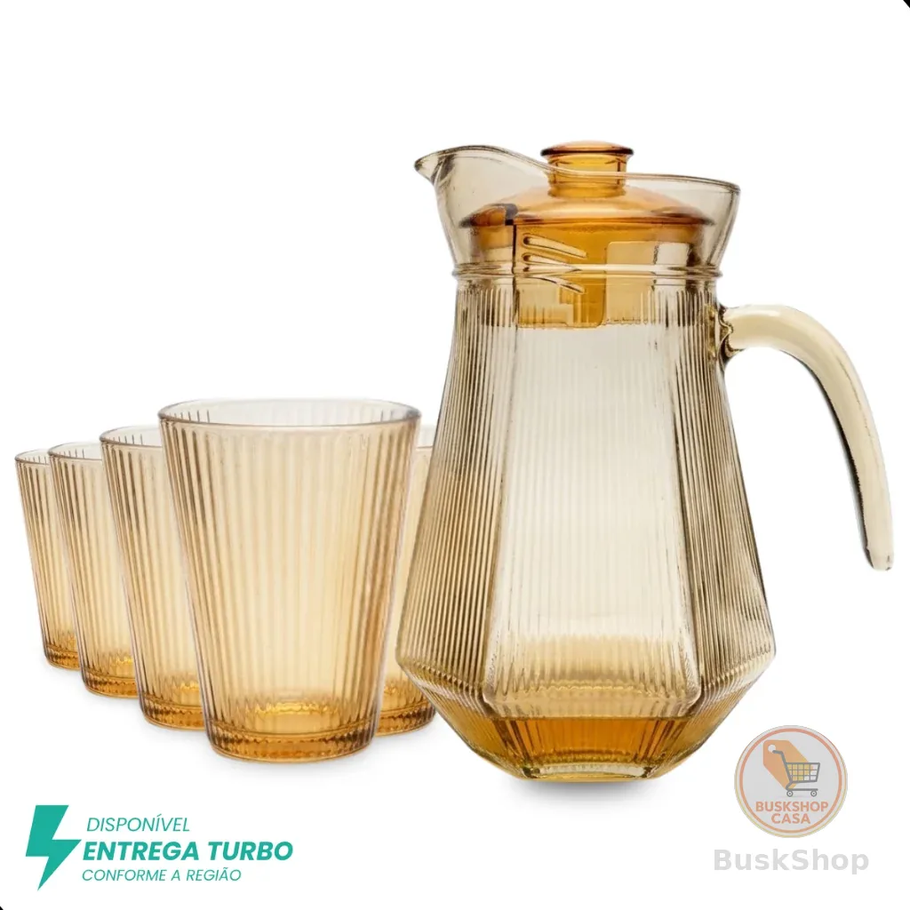 Conjunto de 1 Jarra de Vidro Âmbar com Tampa e 6 Copos – 7 Peças – Design Sofisticado e Resistente