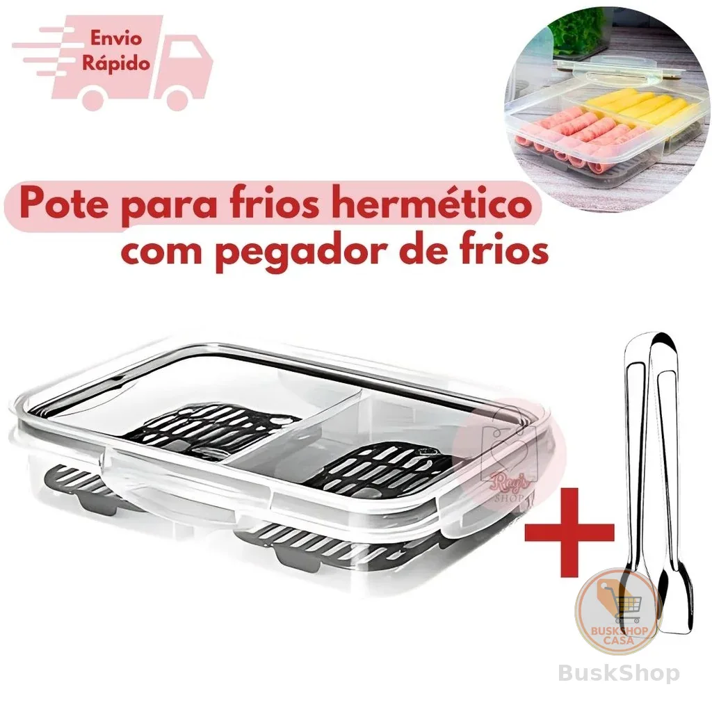 Pote Hermético Porta Frios Com Escorredor Tampa Trava 2 Divisórias Retangular + Pegador de Frios Inox