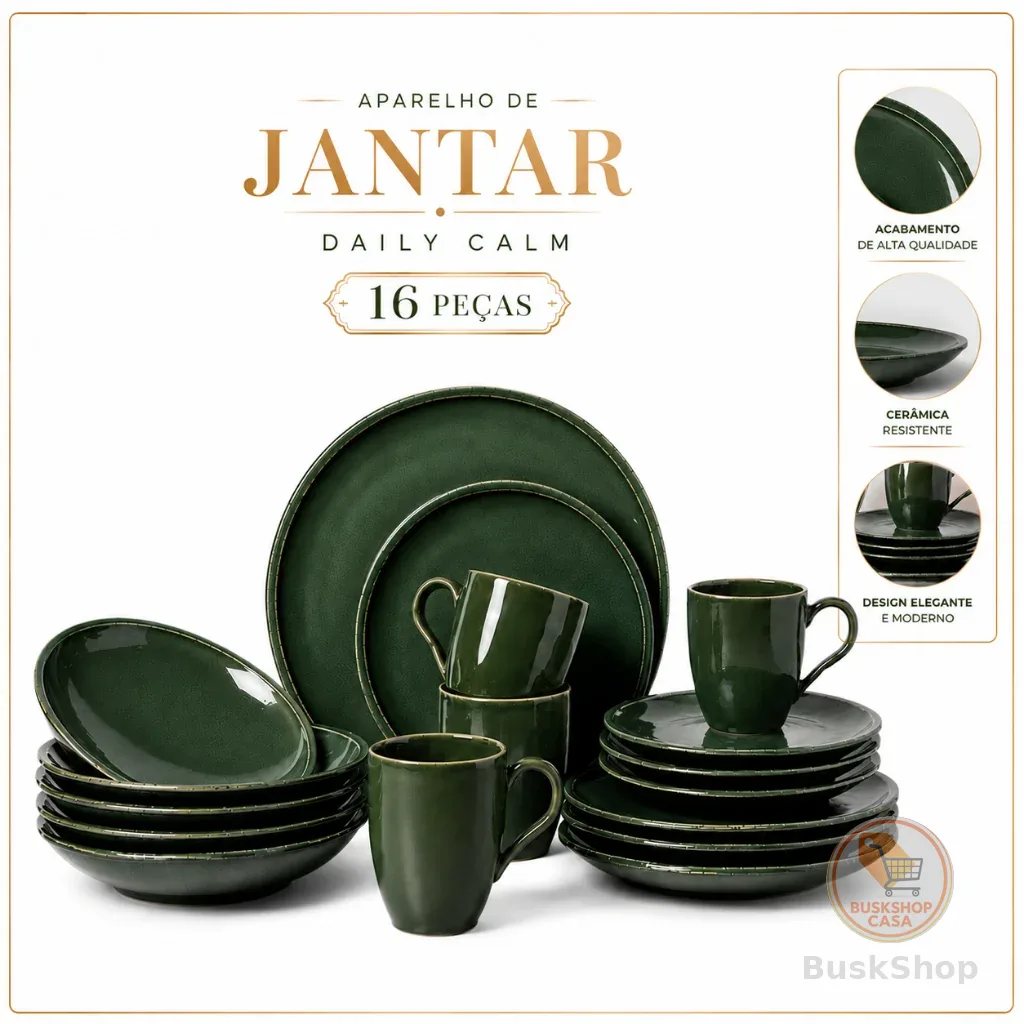 Kit Conjunto Aparelho de Jantar e Chá 16 Peças Porto Brasil Verde Cerâmica Jogo Cozinha Restaurante Buffet Mesa Posta
