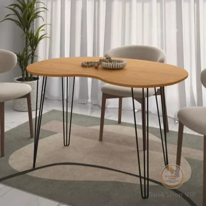 Mesa Orgânica 1,20m X 0,80m Formato Grão Pé Hairpin Legs R.m Tampa Marrom-claro ou Branco Pés Preto