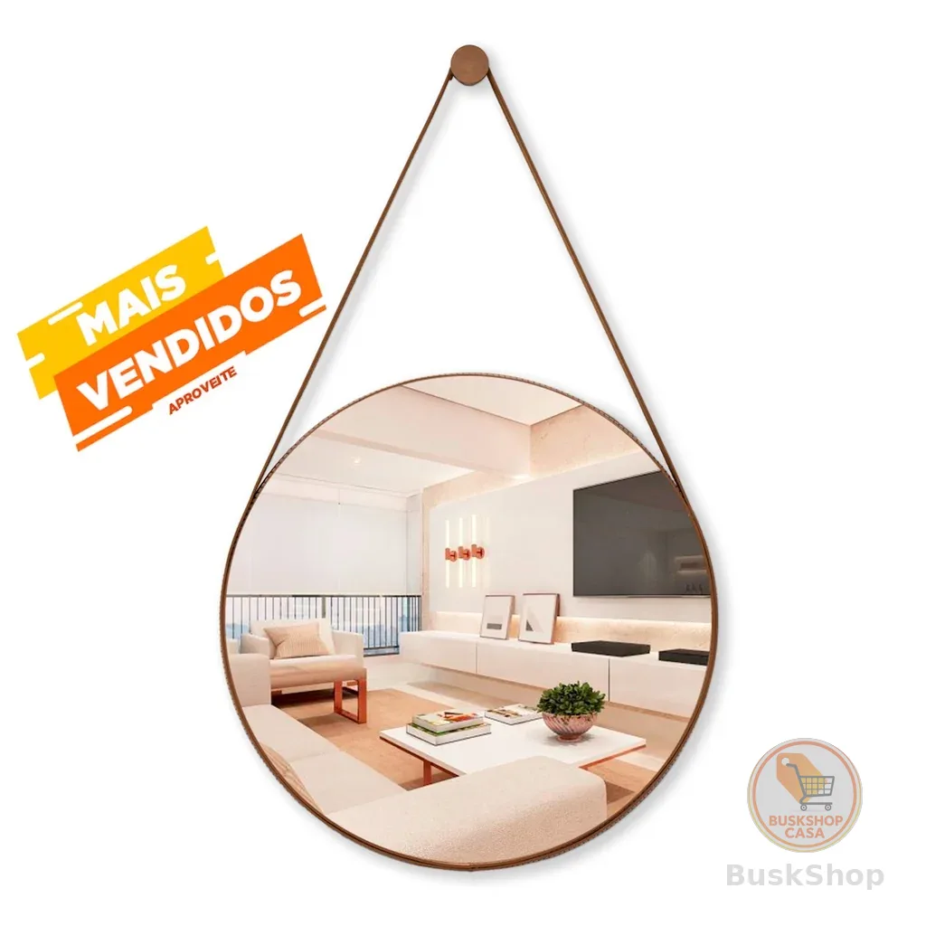 Espelho Redondo Decorativo Banheiro 60cm 40cm 30cm e 20cm Suspenso Adnet Alça Couro + Pino