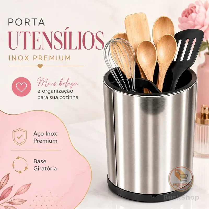 Porta talher Utensílios Giratório Inox Premium com Dreno e Fundo Removível |Organizador de Talheres Cozinha,envio rápido
