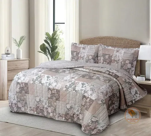 Kit Cobre Leito Casal 3 Peças Estampado Colcha Dupla Face