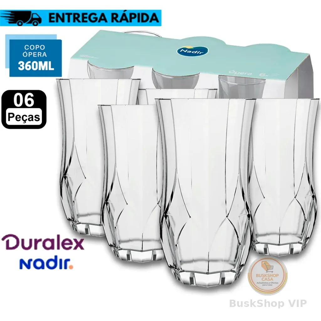Kit Jogo Conjunto 6 Copos Longos de Vidro 360ml Nadir Opera