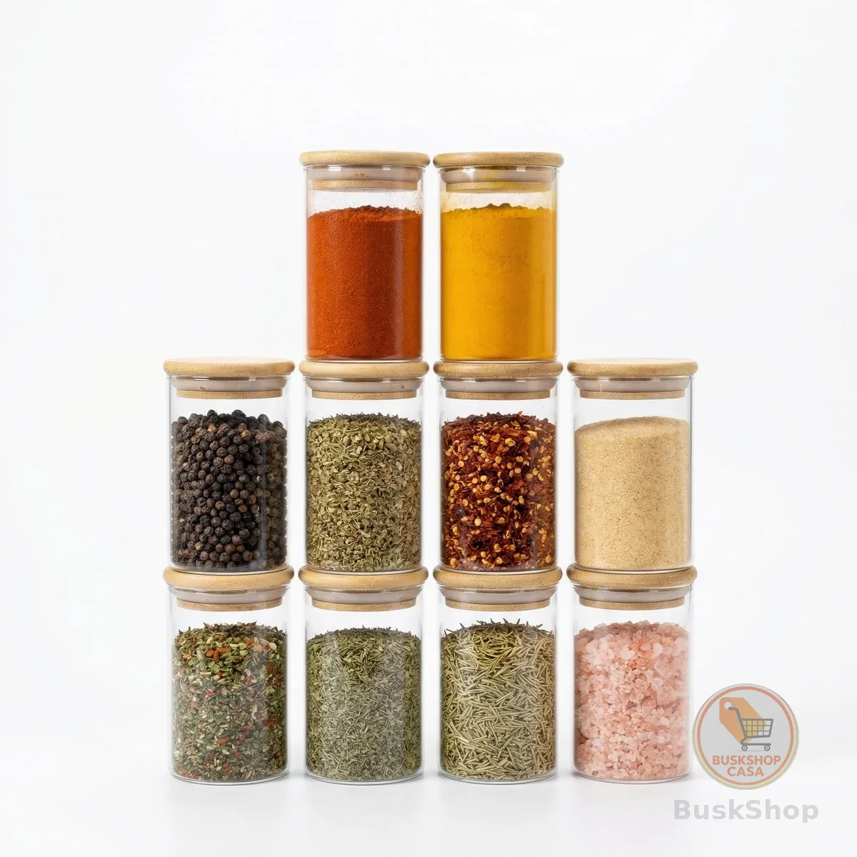 Kit 10 Potes de Vidro Borosilicato 250ml com Tampa de Bambu
