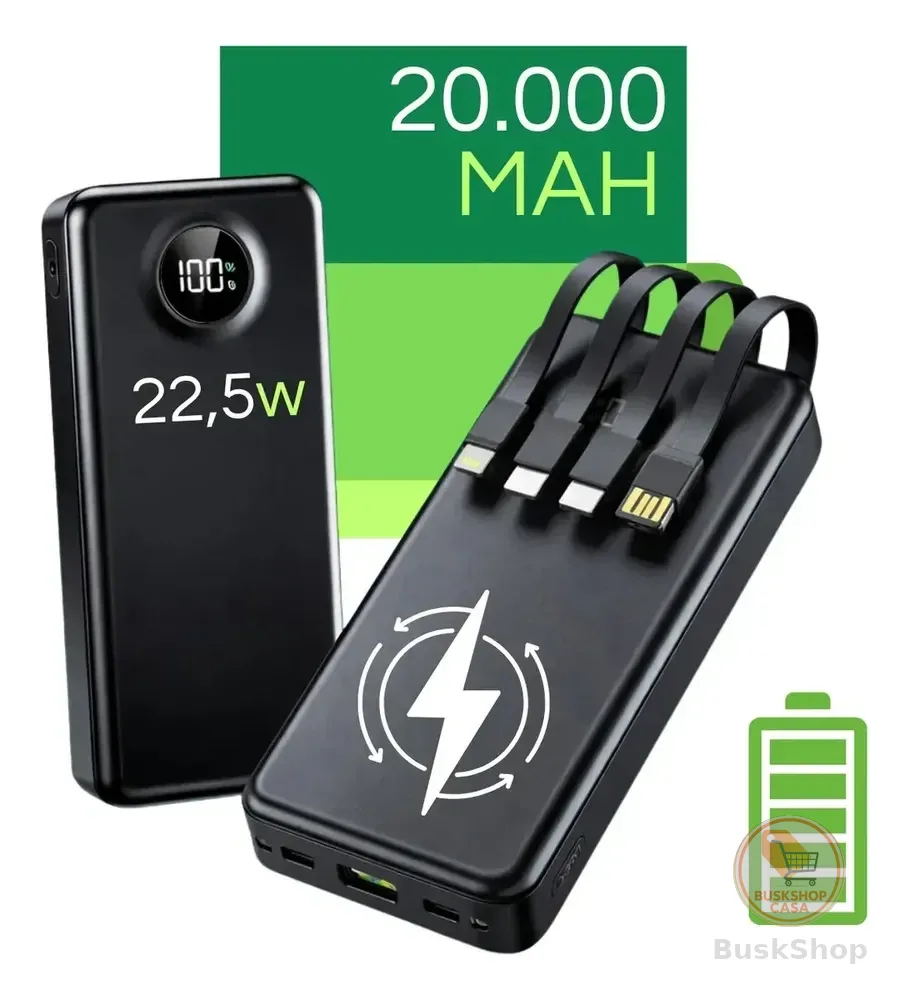 Carregador Portátil Davely Power Bank 20000mAh Turbo para Samsung, iPhone e Xiaomi