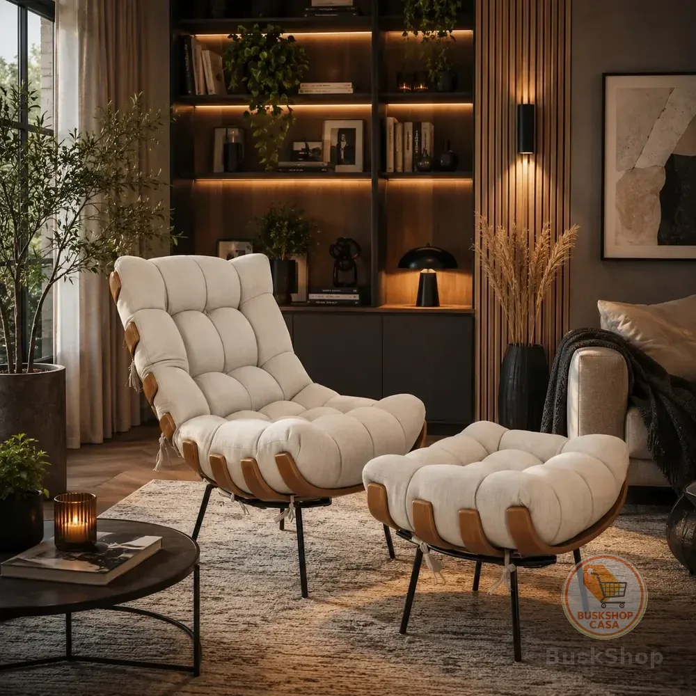 Poltrona Costela Com Puff Para Sala Original Linho Bege