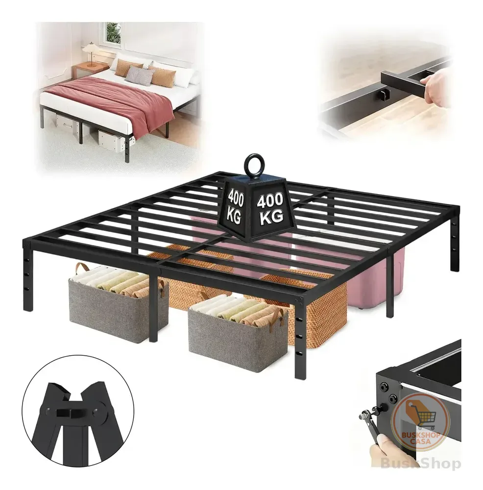 Cama de Casal de Aço Preto com Espaço de Armazenamento, Suporta 400 kg