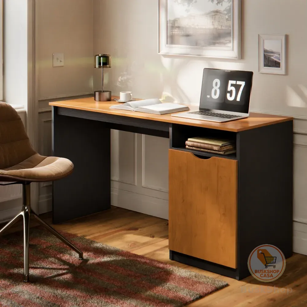Escrivaninha Maxi do Brasil 115cm Nature Preto Canela Com Porta e Nicho Para Home Office ​