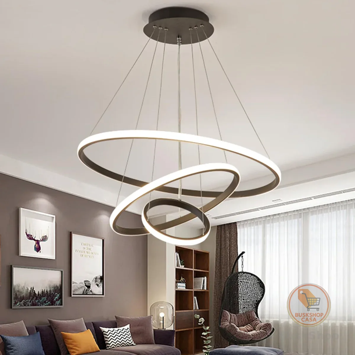 Luminária Pendente LED Moderna 3 Anéis 72W, Redonda Embutida, Regulável, 3 Cores de Luz (3000K/4000K/6000K), Altura Ajustável, Design Luxuoso para Sala, Quarto ou Escritório (Preto)
