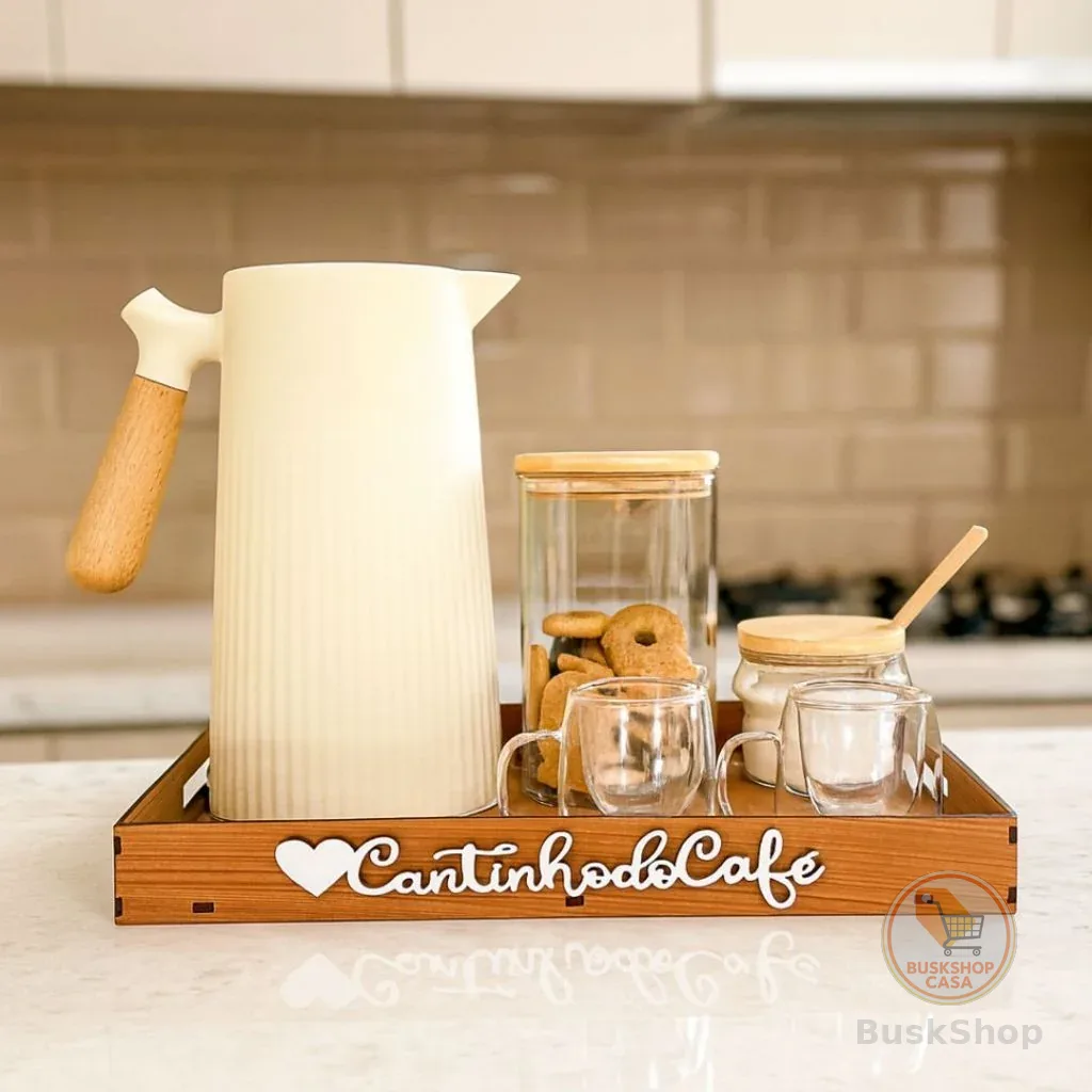 Kit Bandeja Cantinho do Cafe Cha Com Alças + 4 Peças Apliques Quadro Para Decoração Escritório Mdf