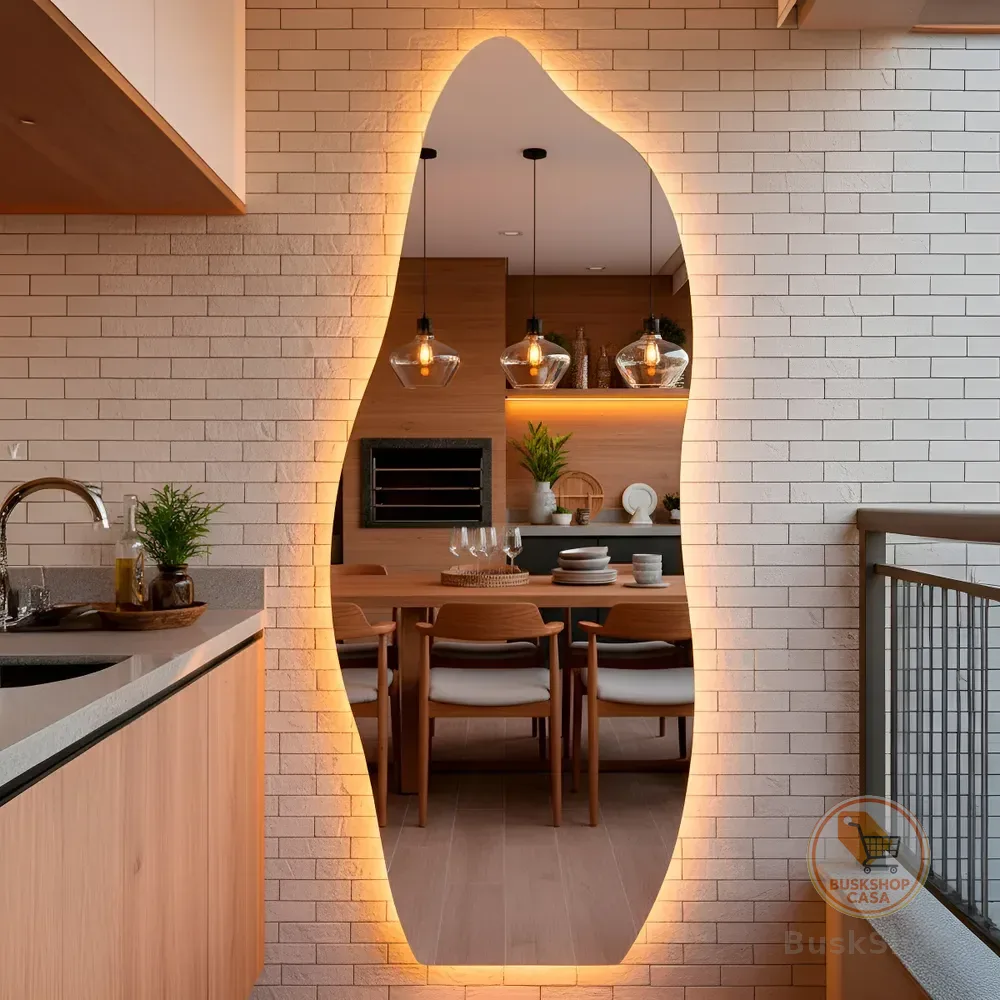 Espelho Orgânico com LED 170x70 cm Ideal para Quarto, Banheiro, Escritório, Hall e Sala - Modelo Flame com Iluminação LED Quente, Perfeito para Ambientes com Decoração Moderna