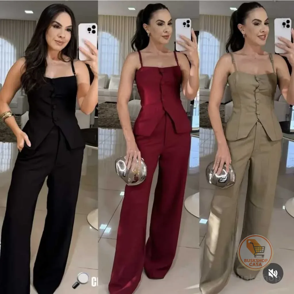 Primavera/Verão Conjunto Serenity Colete Tomara com Alças Reguláveis e Calça Pantalona com Bolsos