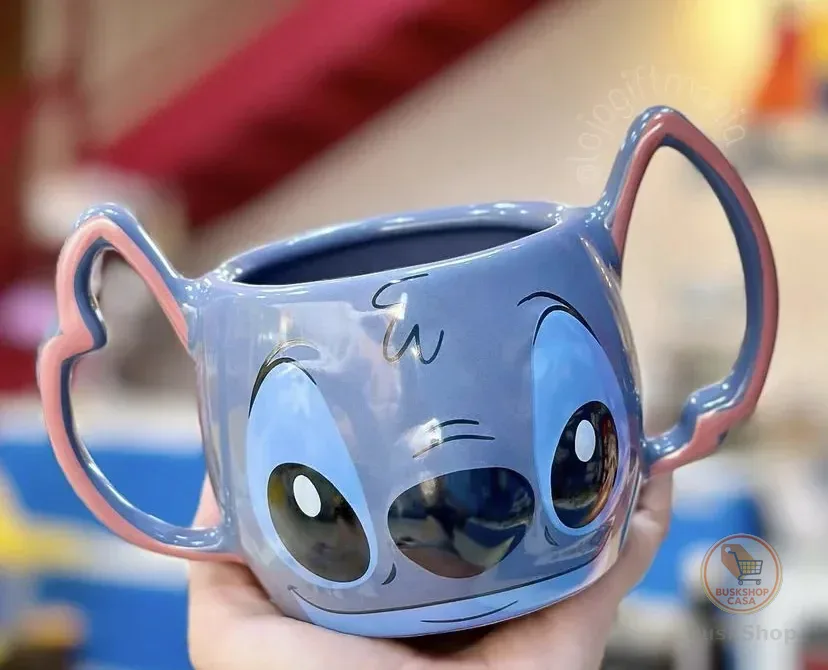 Caneca 3d Porcelana 450ml Alça Dupla Stitch Disney Cor Azul
